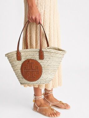 TORY BURCH Ella Straw Basket Tote in Color Natural / Classic Cuoio NWT